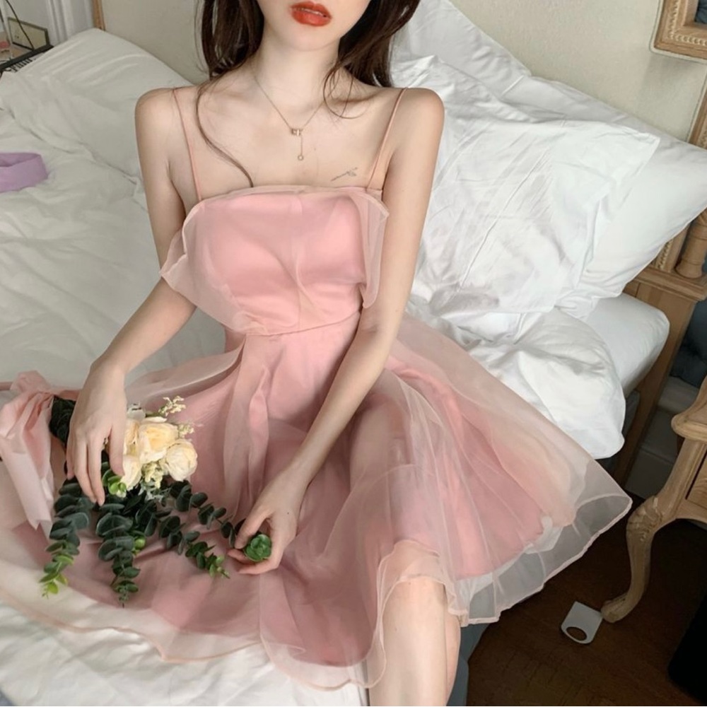 Sheer Panel Strappy A-line Dress (Pastel Pink) - Picture 1 of 3